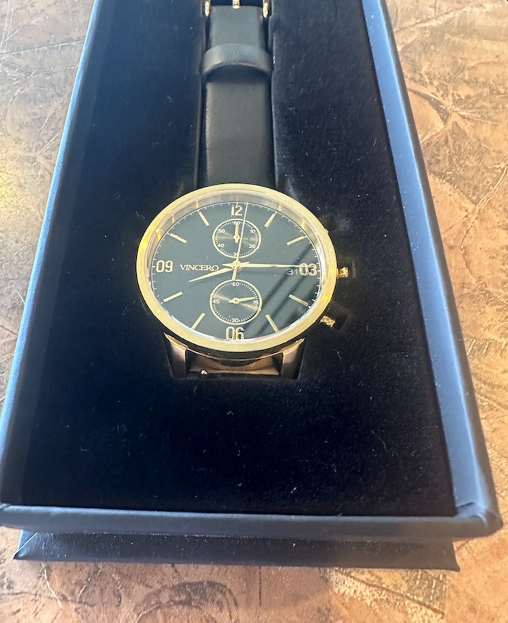 Vincero Chrono S Chronograph Watch Black Dial Gold Case Tan Leather NEW w Box